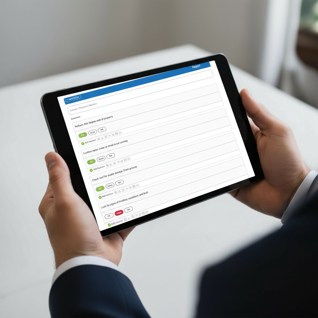 Digital home watch inspection report on tablet showing checklist with checkmarks