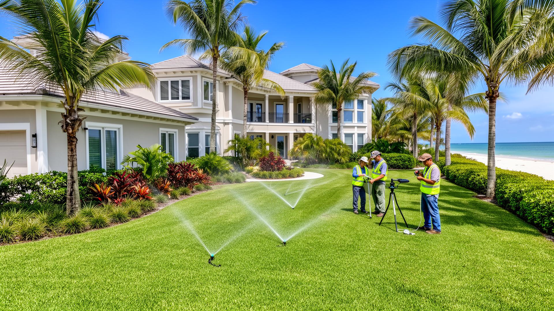 Florida coastal property with beautifully maintained lawn and landscaping with irrigation system