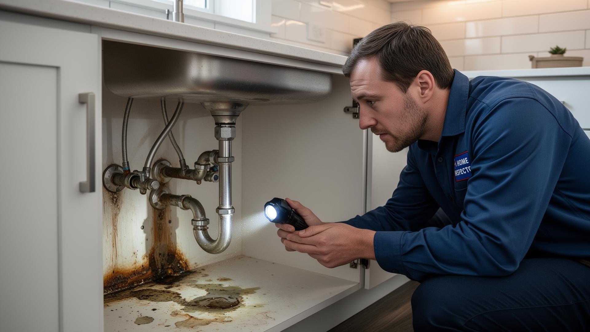 Home inspector checking plumbing under kitchen sink for leaks with flashlight