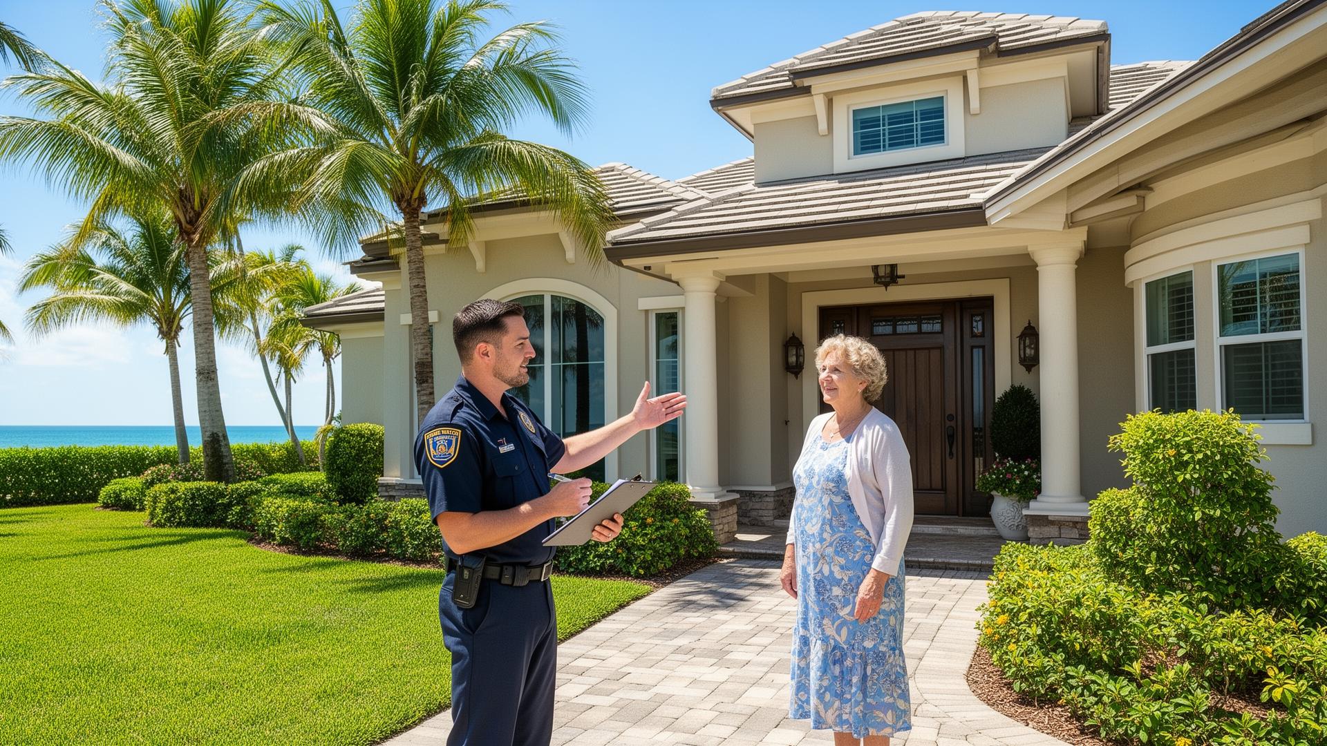 Professional home watch inspector meeting with homeowner at a luxury Florida coastal property