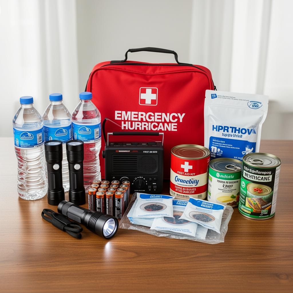 Emergency hurricane supply kit with water, flashlights, radio, batteries, and first aid supplies