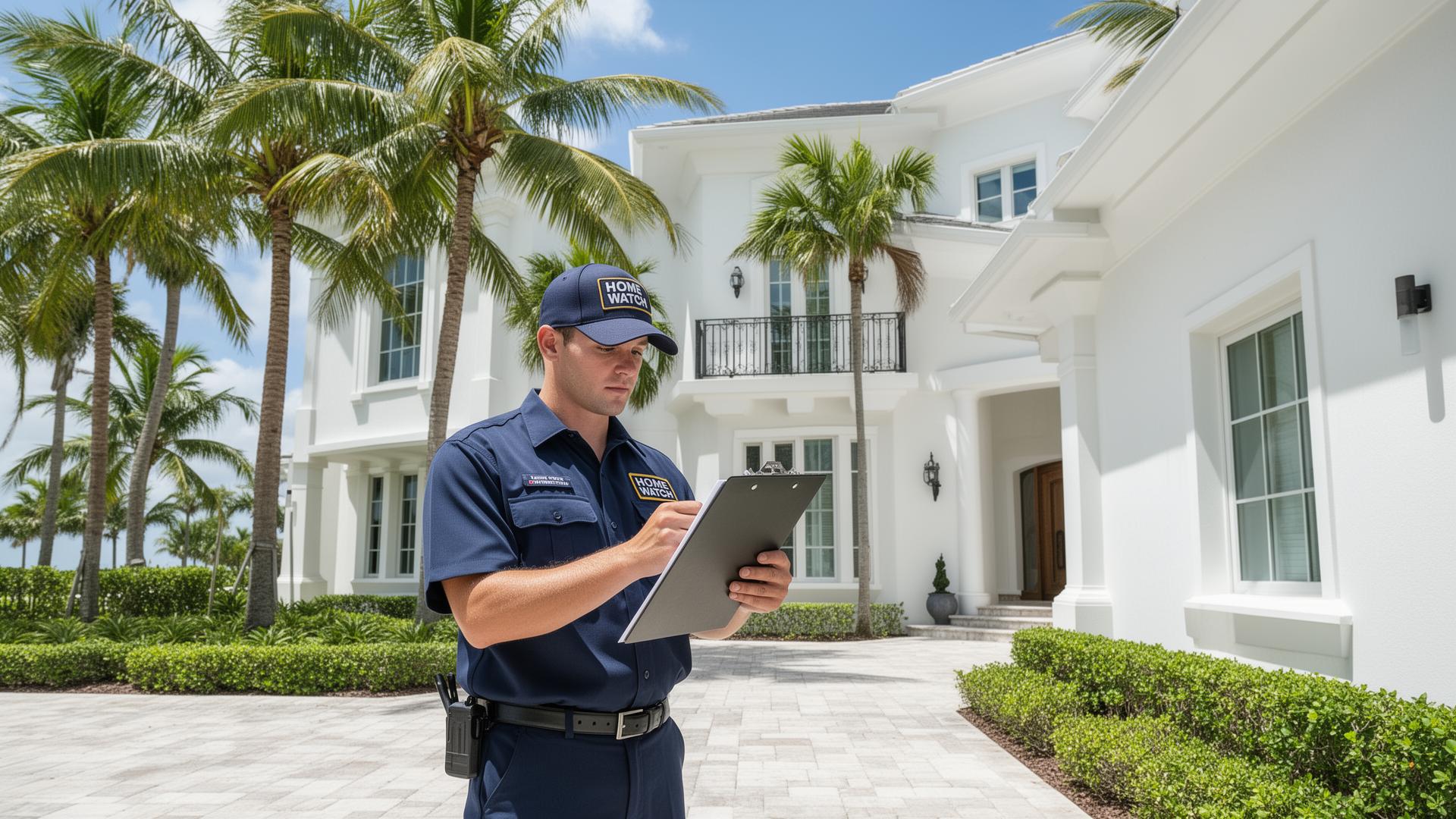 Professional home watch inspector with clipboard conducting property inspection at luxury Florida coastal home