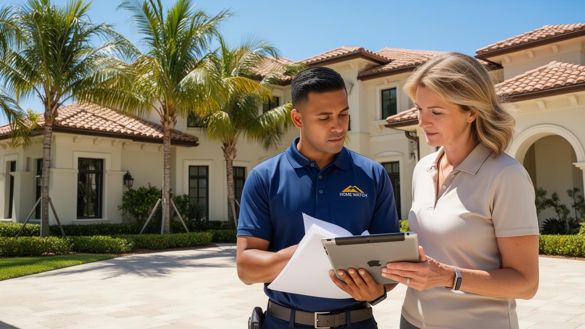 Professional home watch inspector reviewing property documentation at a Florida coastal home