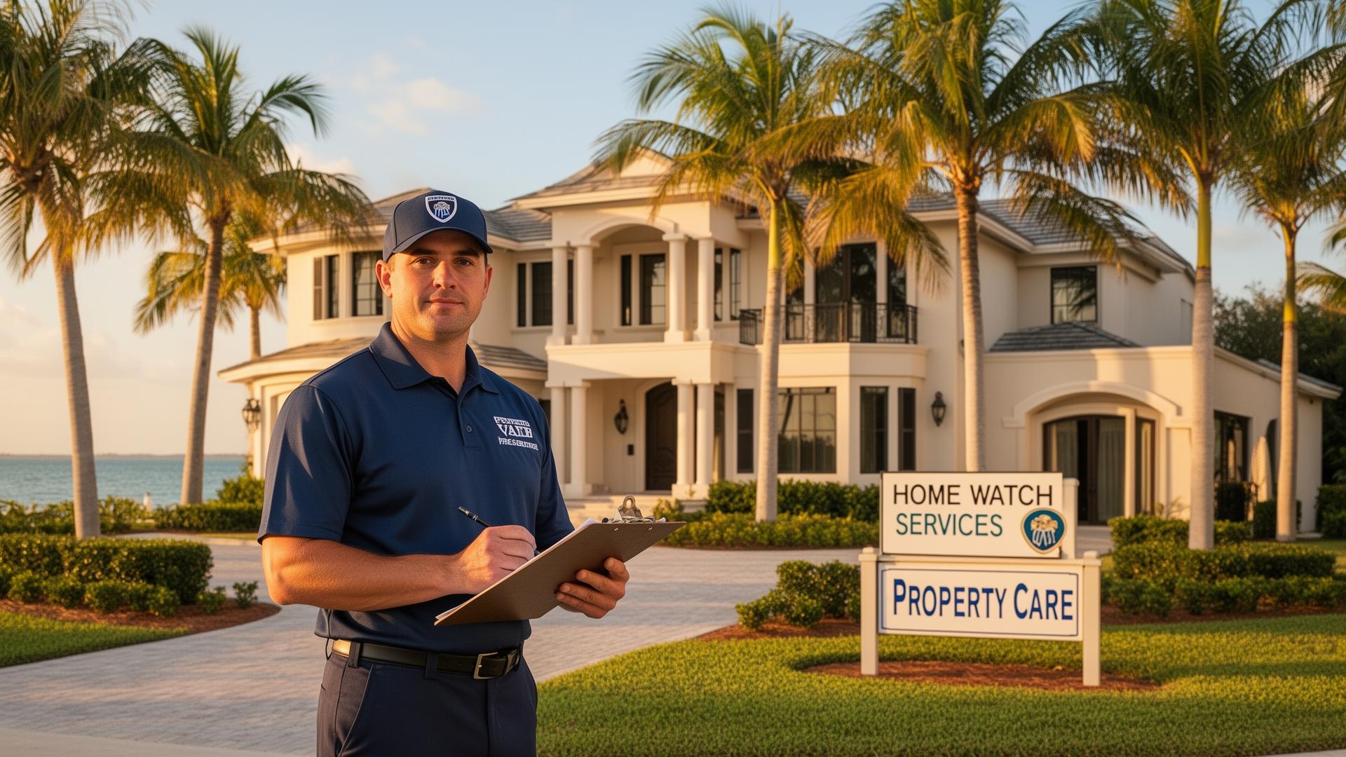 Professional home watch inspector with clipboard at a luxury Florida coastal property