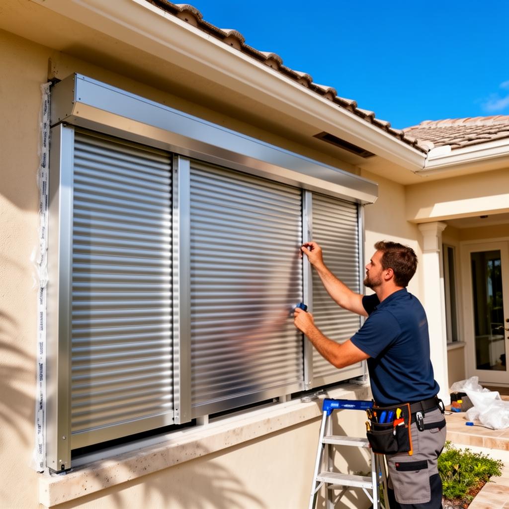 Professional installing hurricane shutters on a Florida home