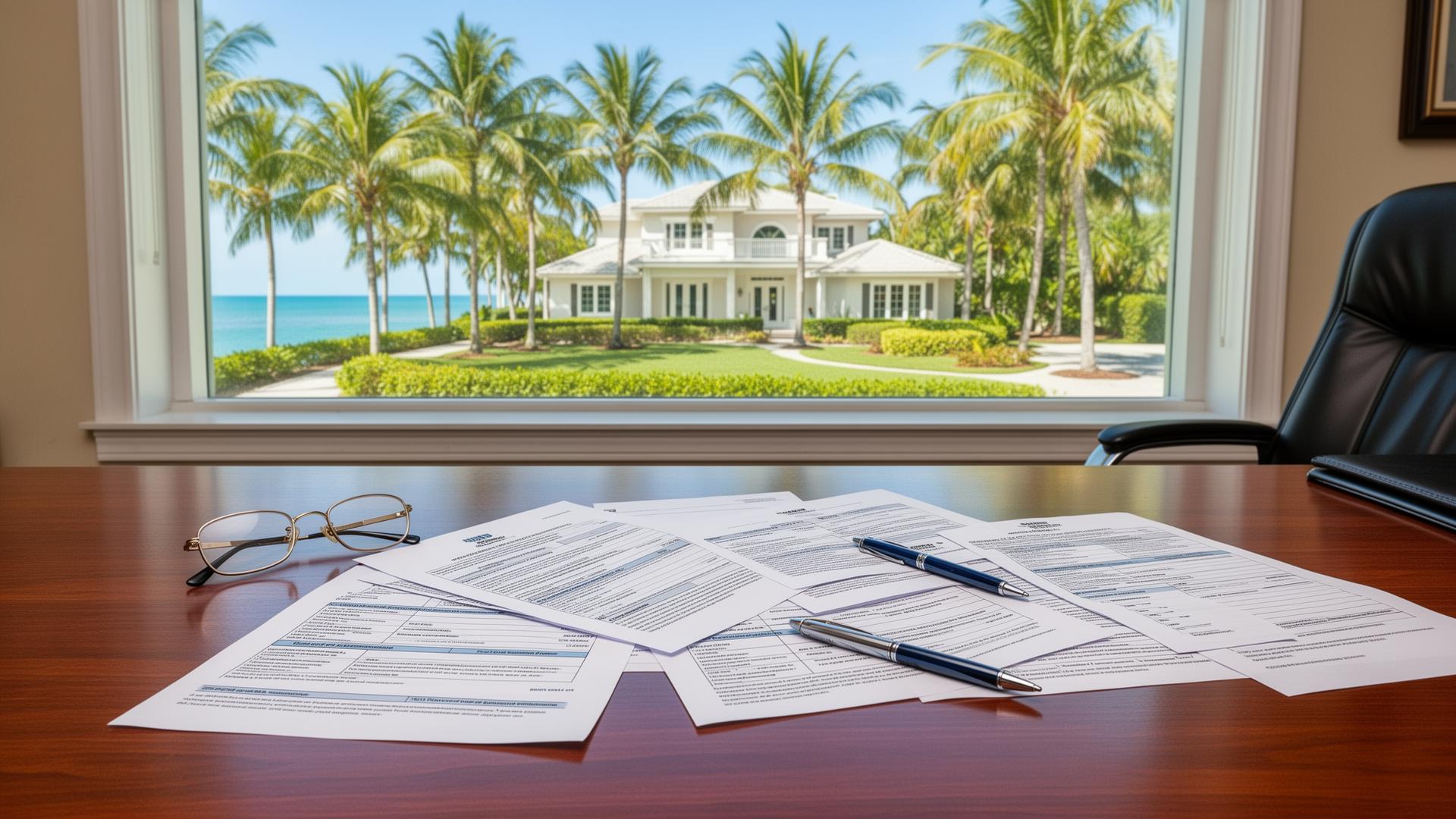 Insurance documents on a desk with a Florida coastal home visible through the window